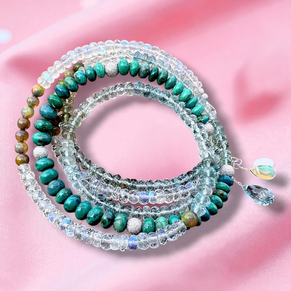 Natural Chrysocolla, Aquamarine, Moonstone Wrap Bracelet Necklace 14k White Gold - Picture 1 of 11